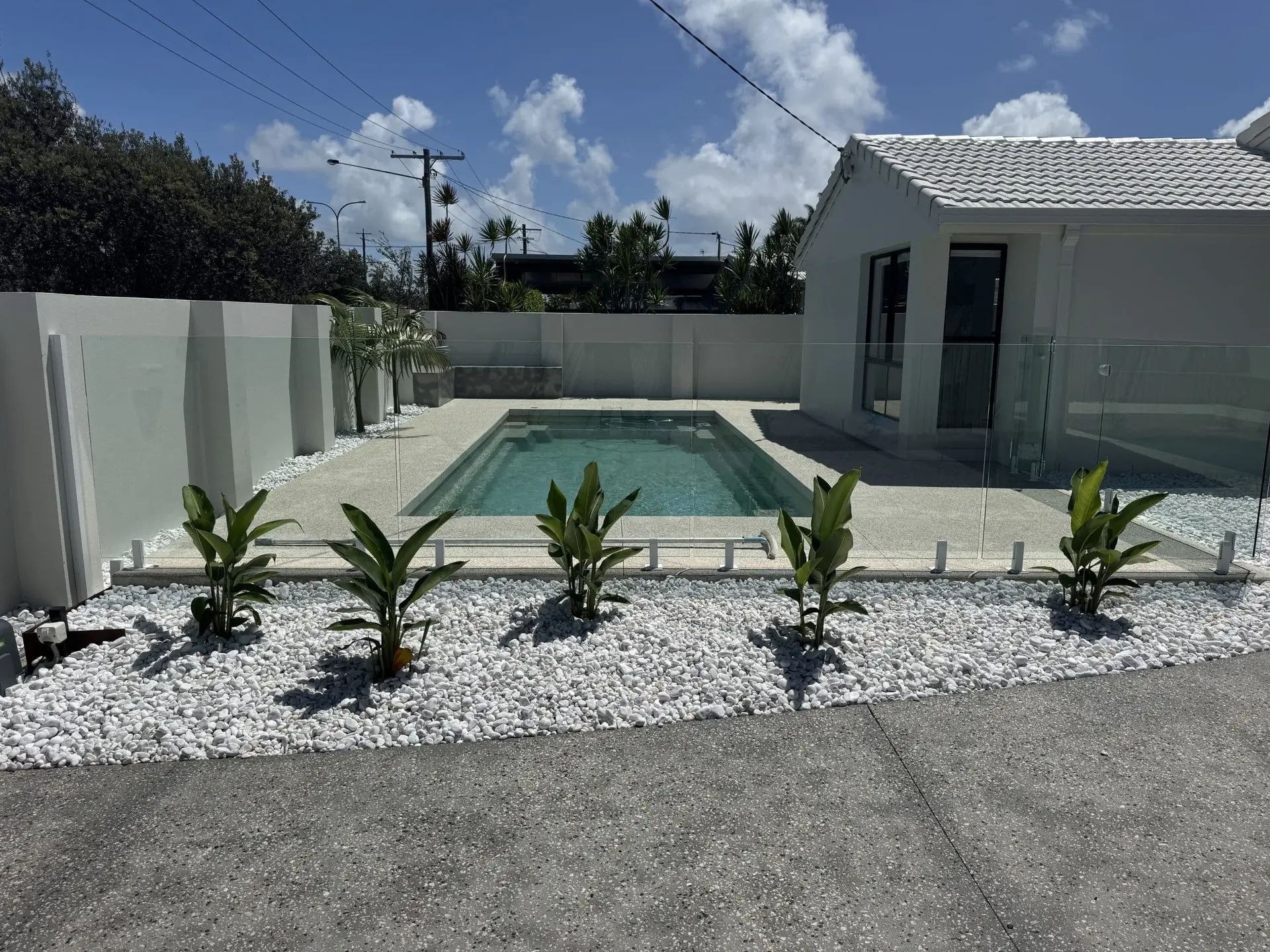 Frameless glass pool fence around a new pool with white pebble gardens